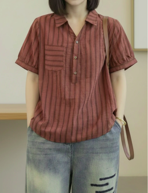 Women Striped Print Pocket Short Sleeve Casual Shirt, Suitable For Summer