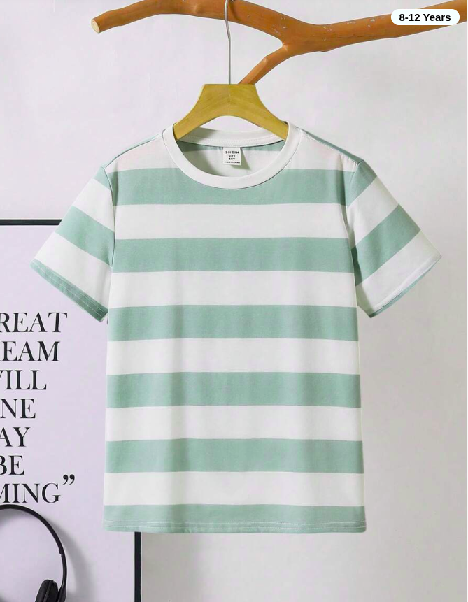 Tween Boys Casual Loose Fit Striped Round Neck Short Sleeve T-Shirt