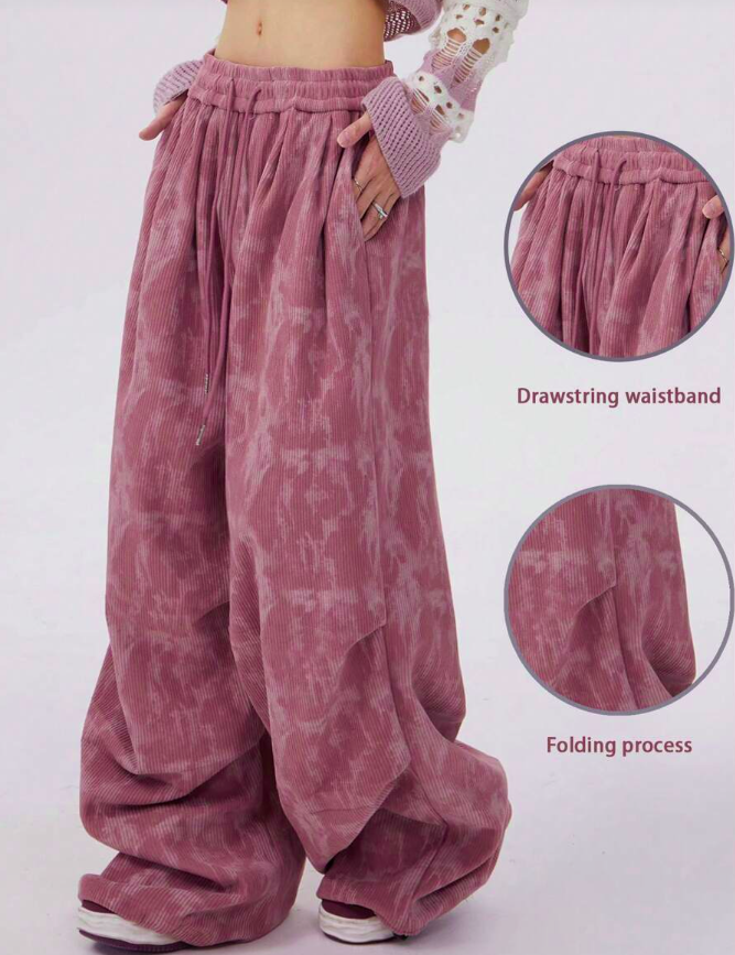 INAWLY Women's Loose Fit Corduroy Pants With Leg Ruffle Pattern