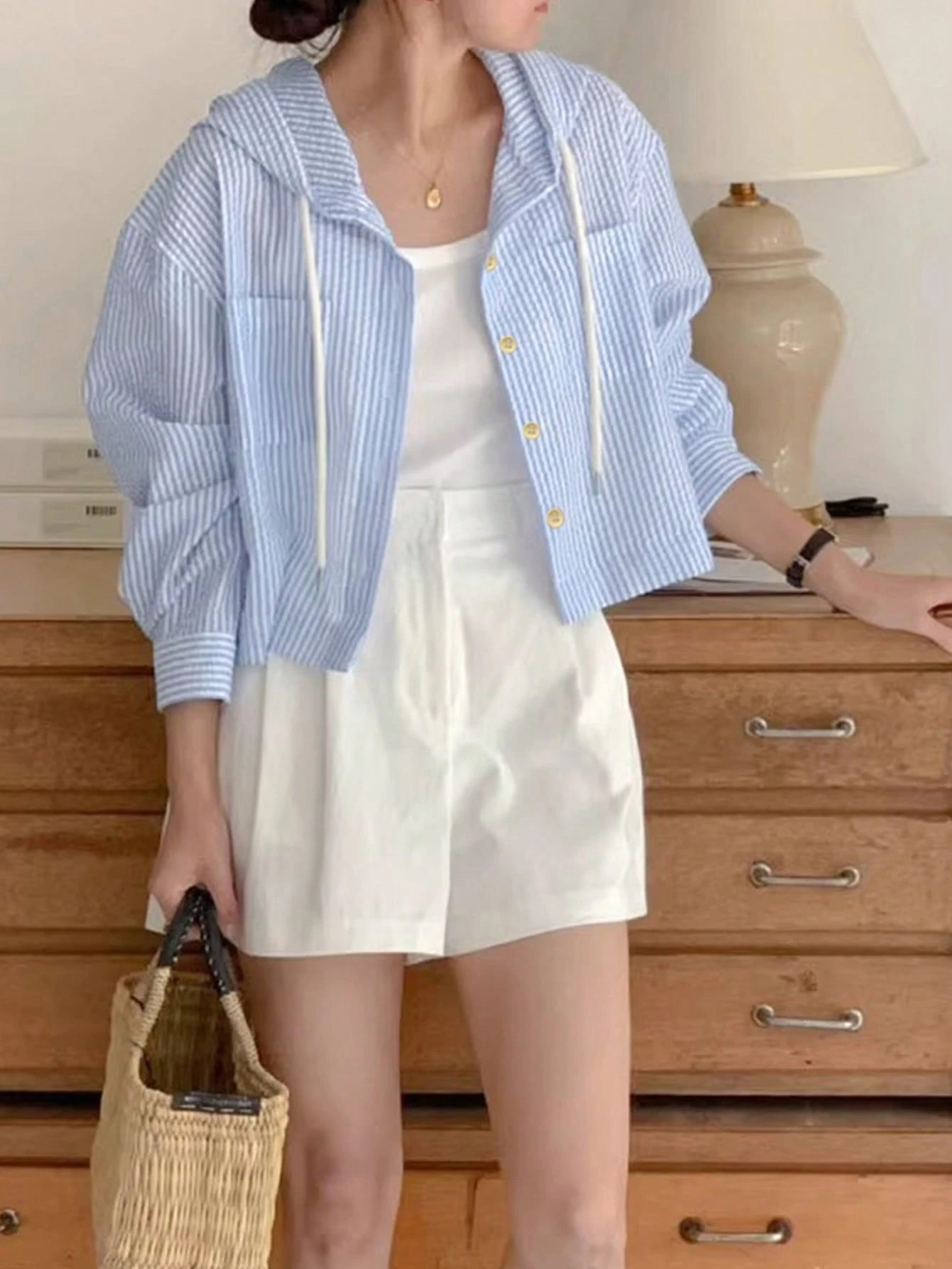 Korean Chic Summer Casual Single-Breasted Striped Contrast Color Loose Fit Long Sleeve Hooded Shirt For Women