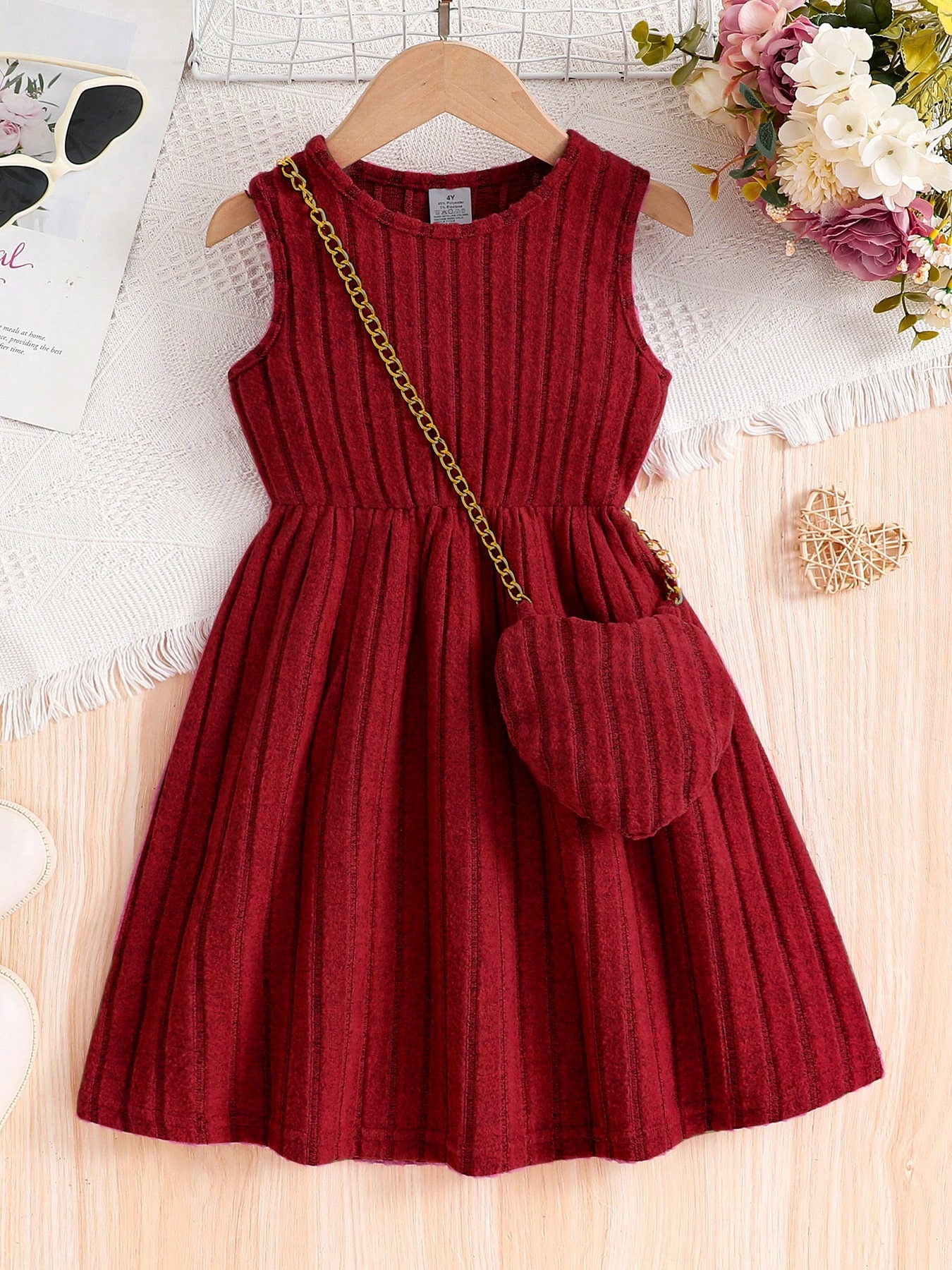 Young Girl Sweet And Cute Girls Casual Summer Dress, Solid Color Ribbed Knit Sleeveless Princess Dress With Matching Heart-Shaped Crossbody Bag